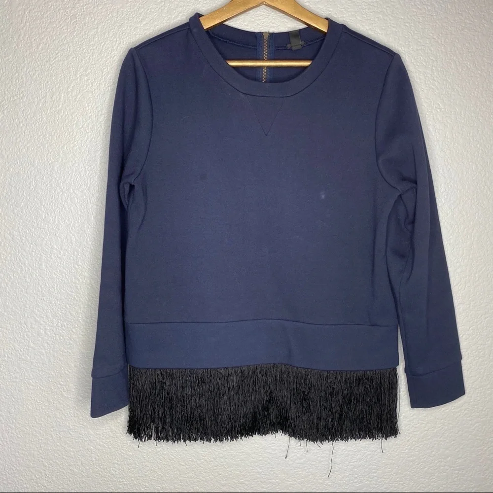 J.Crew- Navy Crewneck Sweater With Fringe Hem